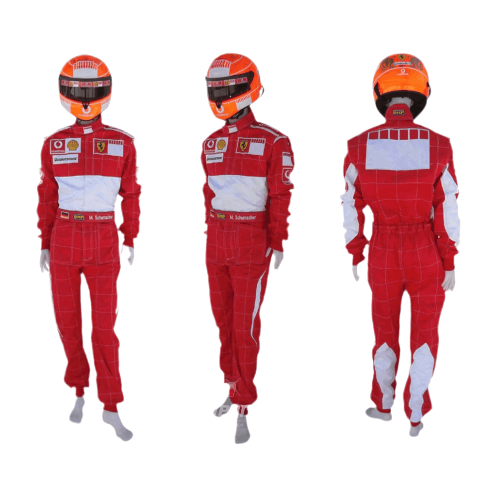 2006 Michael Schumacher "Bar Code" Ferrari F1 Embroidered Racing Suit – Iconic Formula 1 Replica - Speedxcrafts