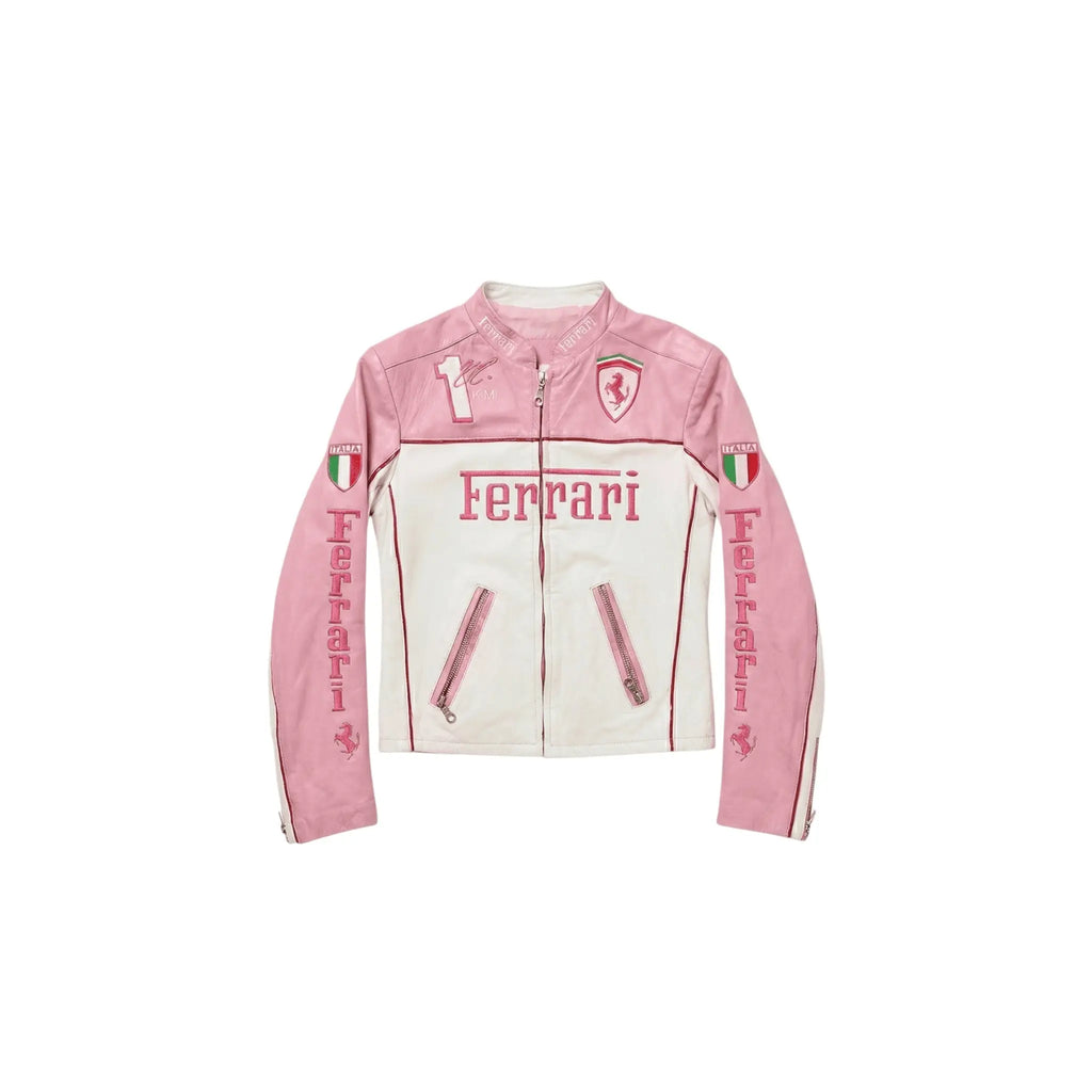 Ferrari F1 Vintage Racing Leather Jacket - Pink & White Edition
