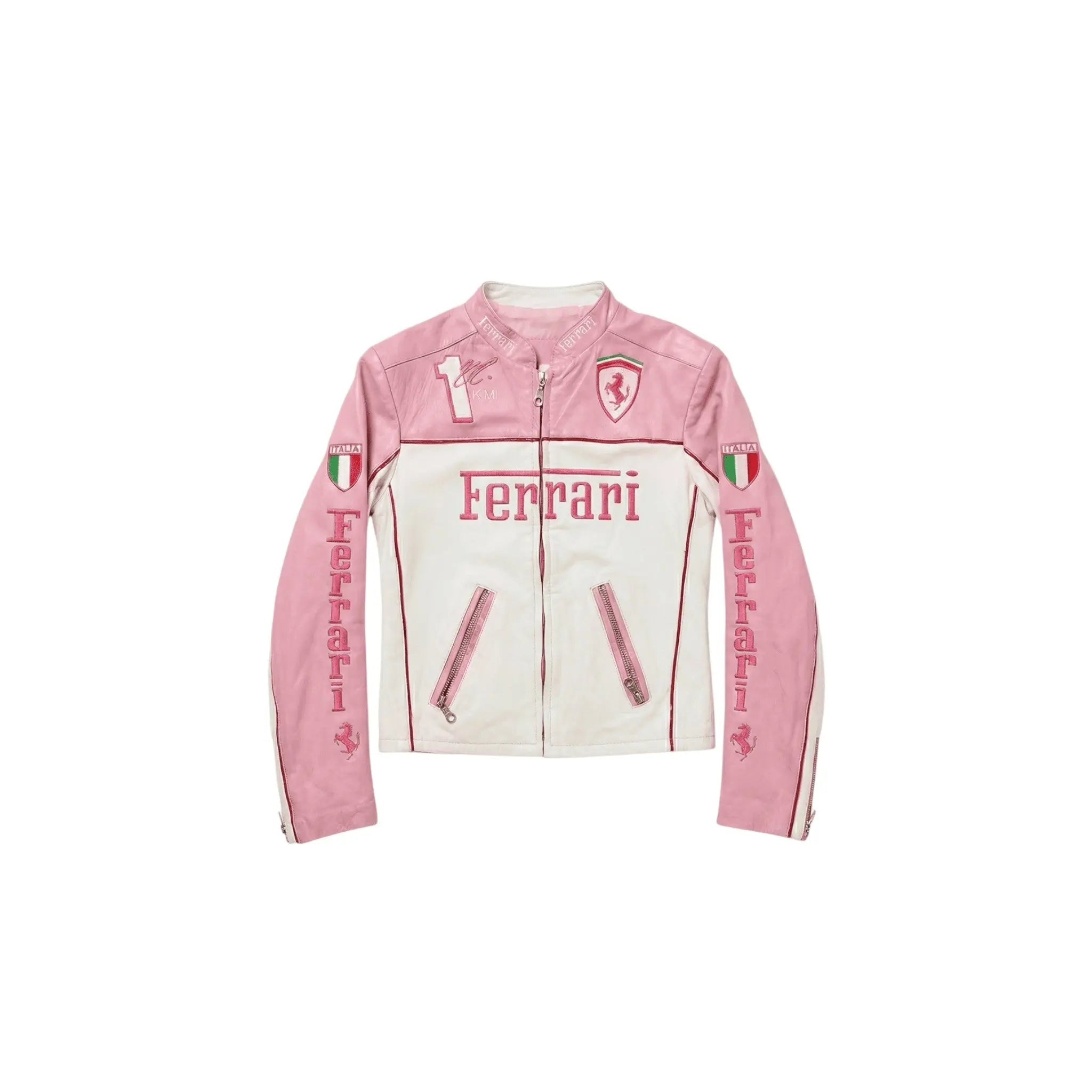 Ferrari F1 Vintage Racing Leather Jacket - Pink & White Edition
