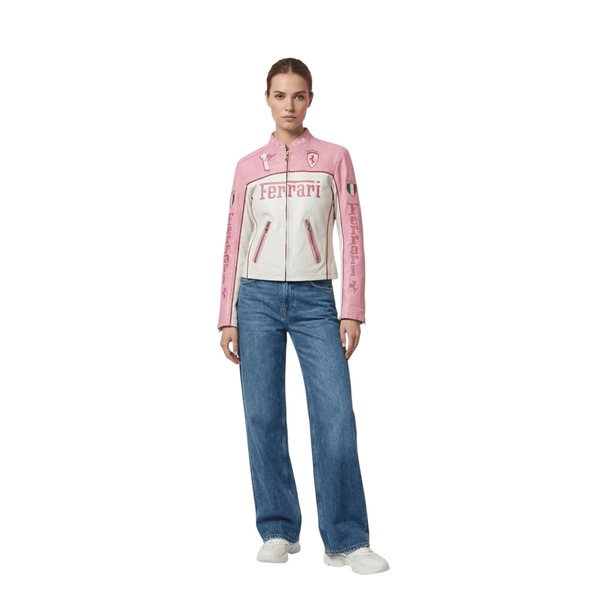 Ferrari F1 Vintage Racing Leather Jacket - Pink & White Edition