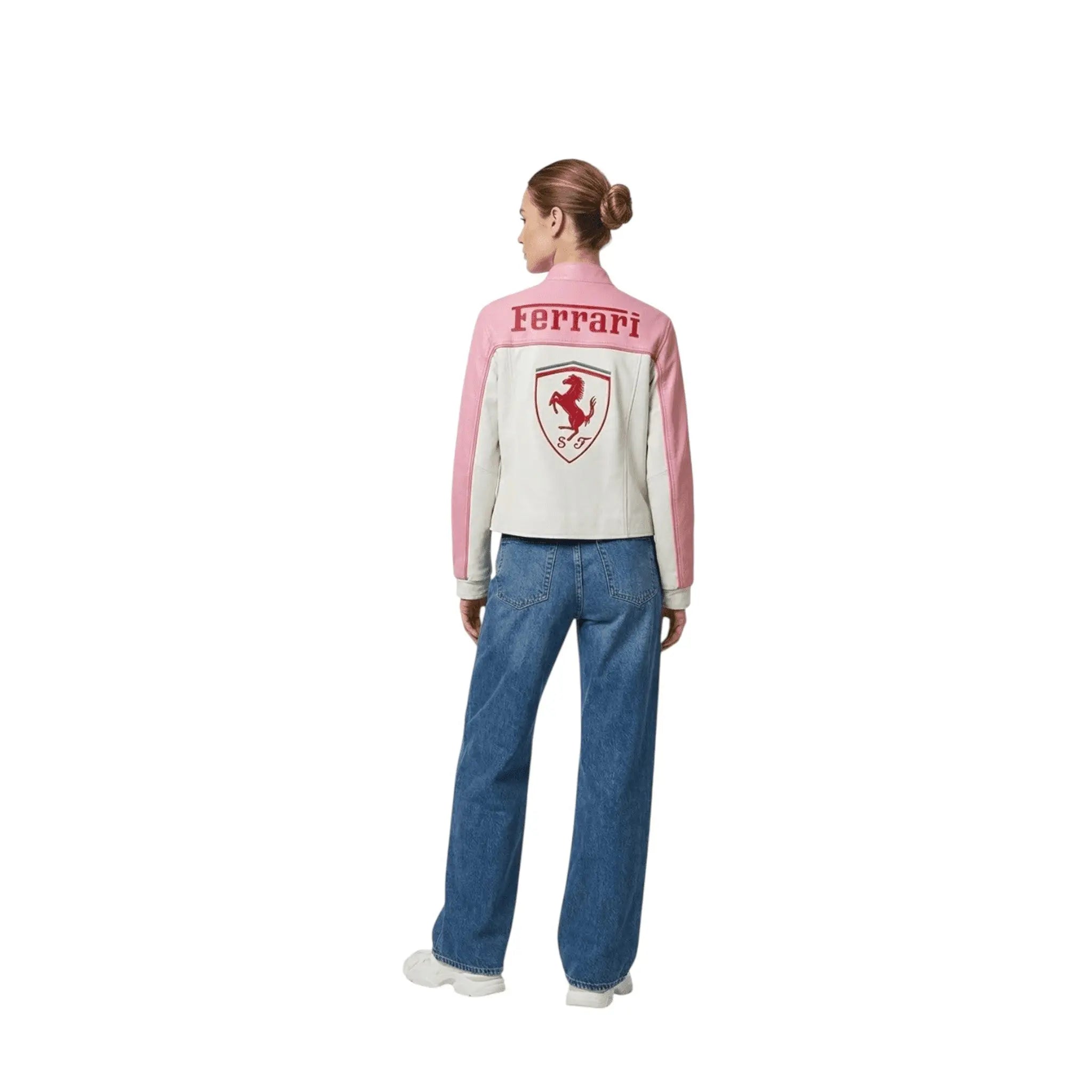 Ferrari F1 Vintage Racing Leather Jacket - Pink & White Edition