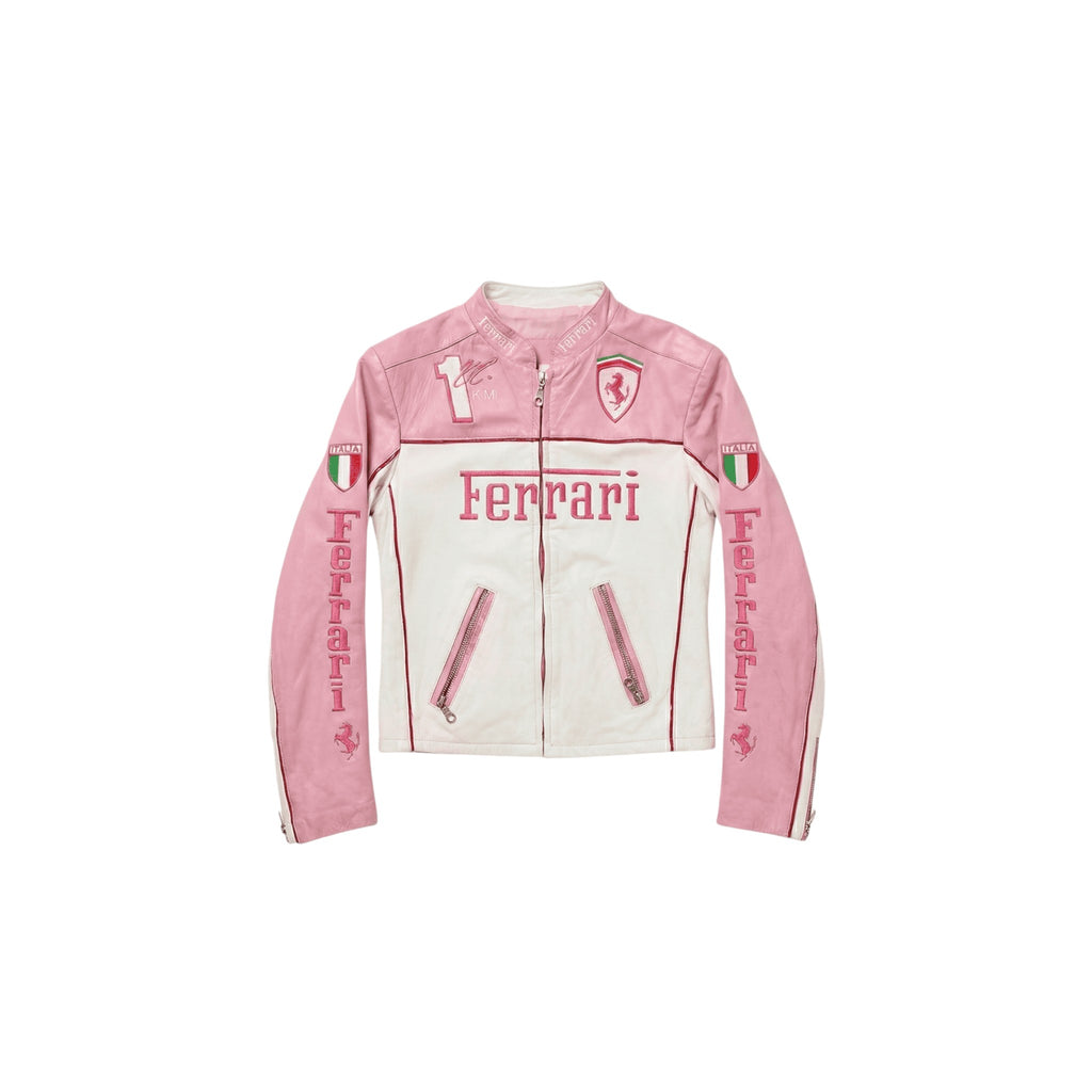 Ferrari F1 Vintage Racing Leather Jacket - Pink & White Edition