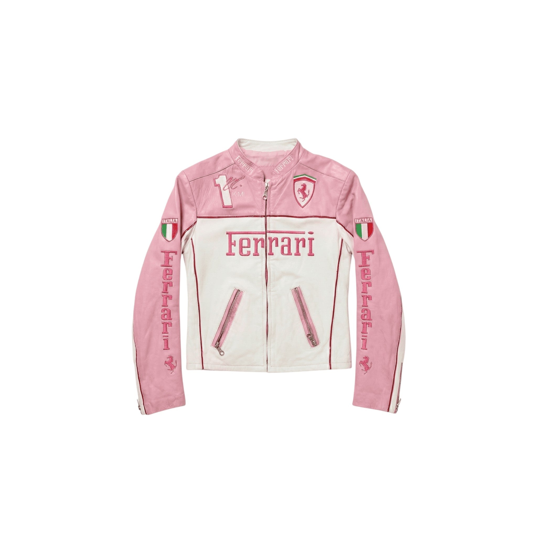 Ferrari F1 Vintage Racing Leather Jacket - Pink & White Edition