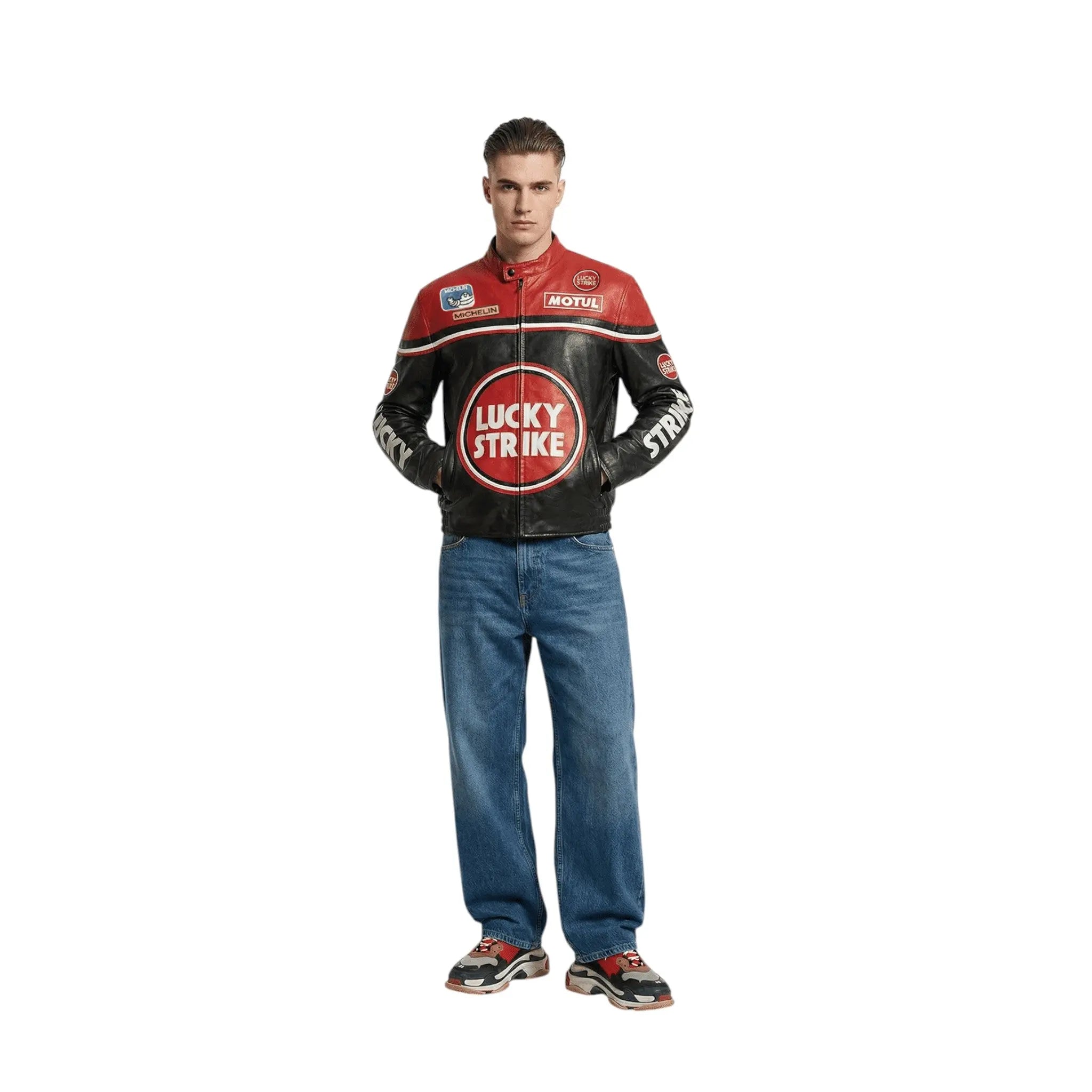 Lucky Strike Vintage Racing Leather Jacket - Red & Black Edition Speedx Crafts