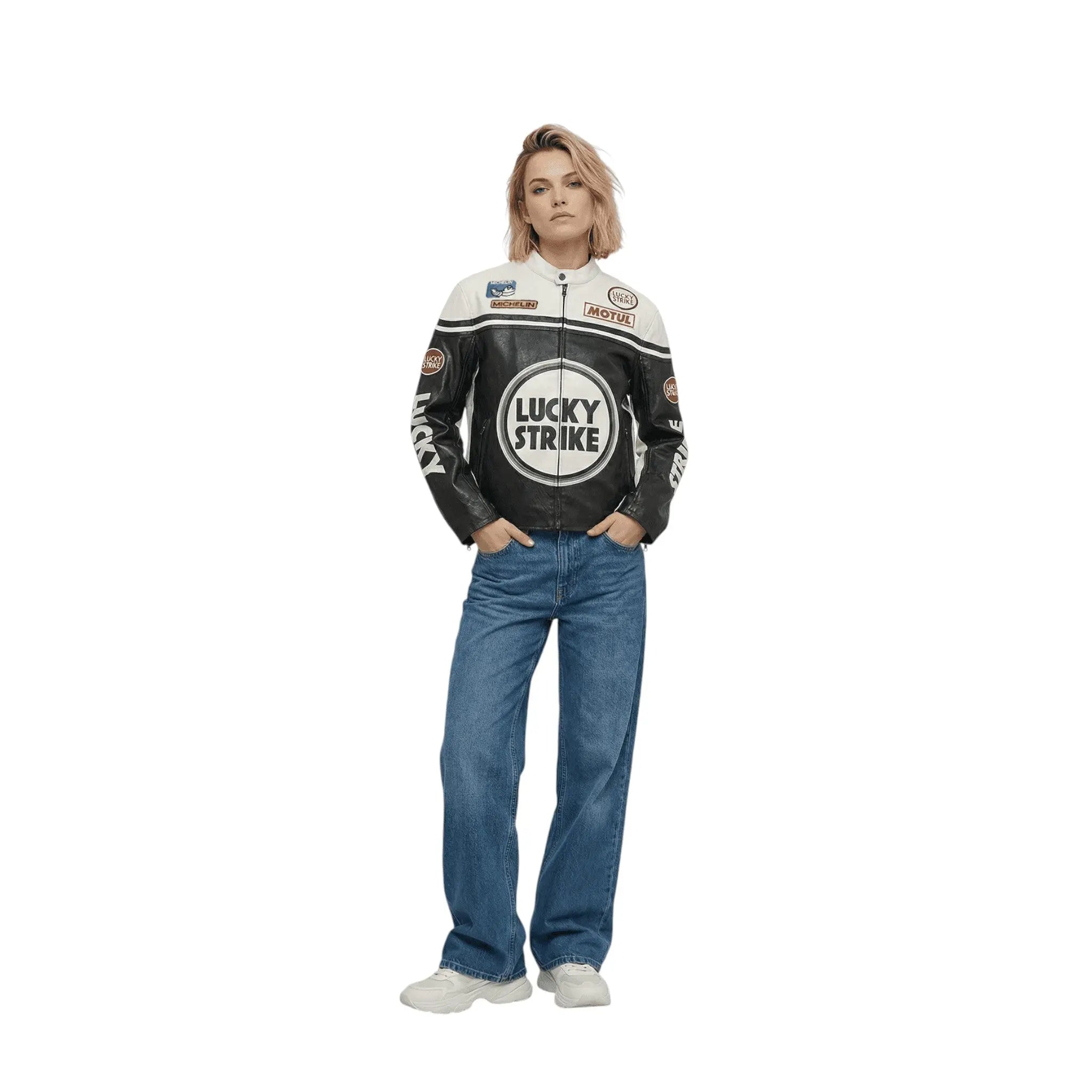 Lucky Strike Vintage Racing Leather Jacket - White & Black Edition