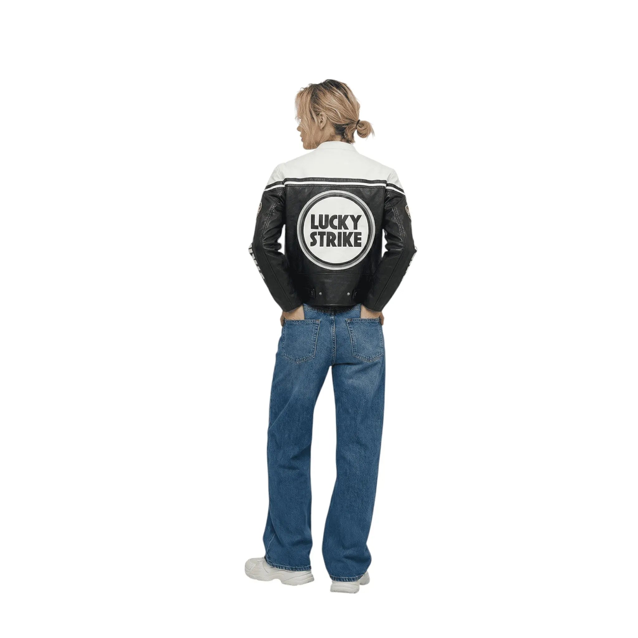 Lucky Strike Vintage Racing Leather Jacket - White & Black Edition