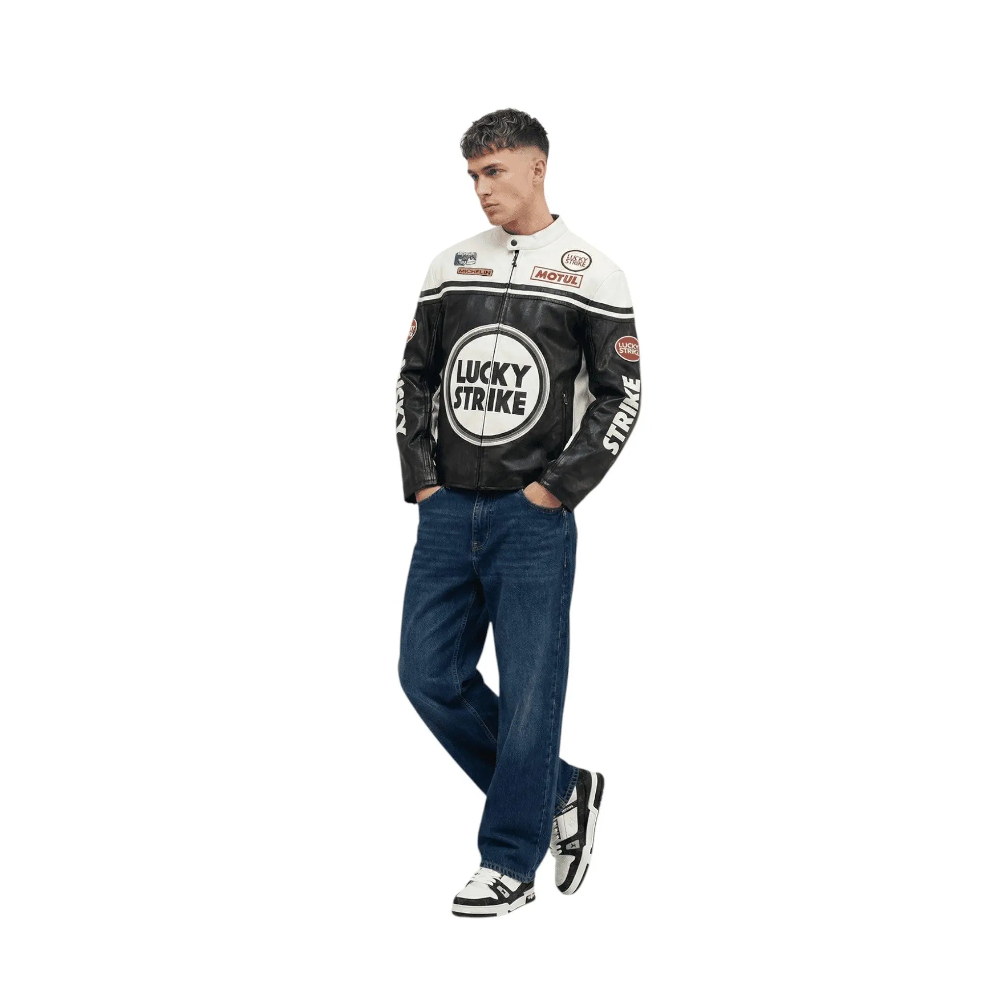 Lucky Strike Vintage Racing Leather Jacket - White & Black Edition