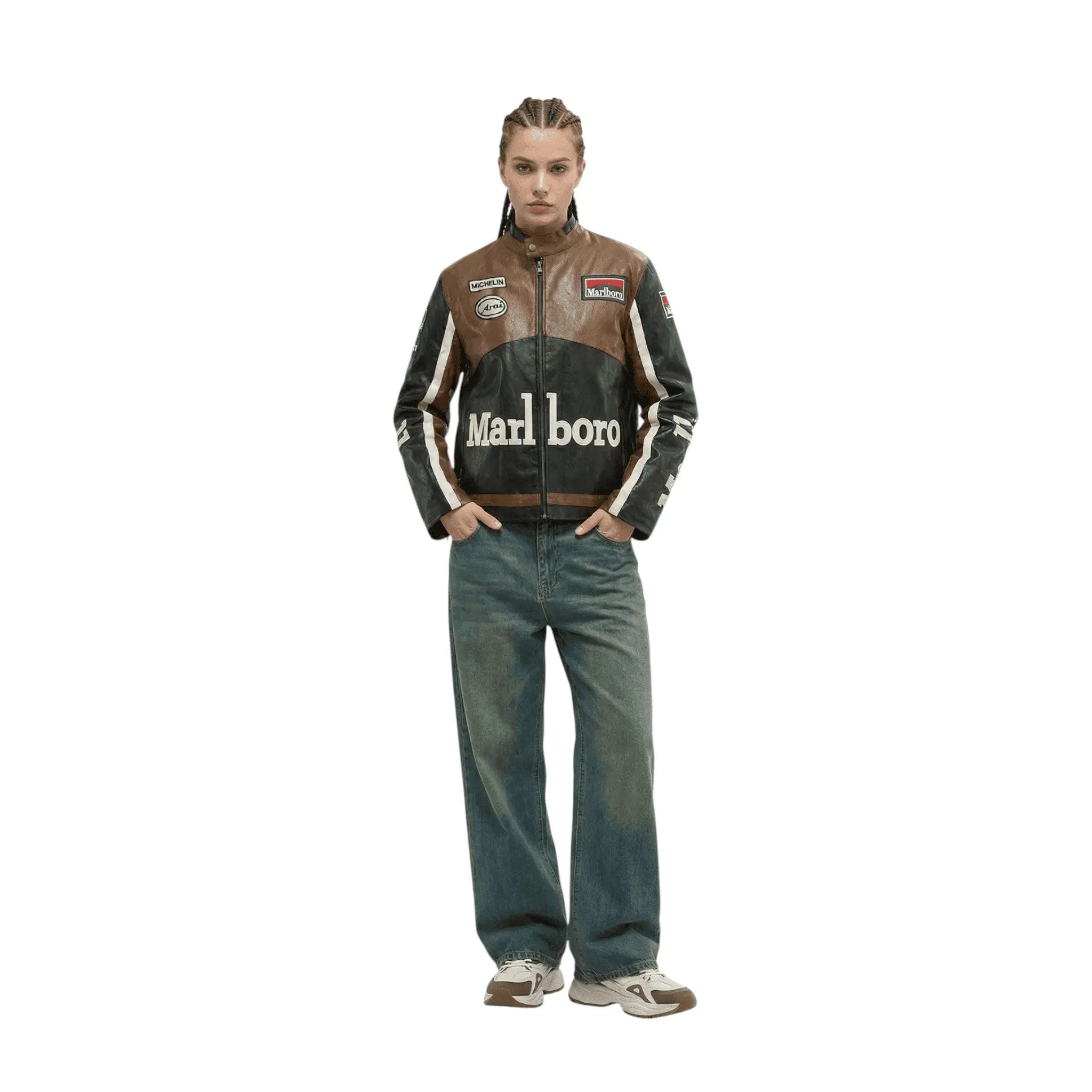 Marlboro Vintage Racing Leather Jacket - Brown & Black Edition