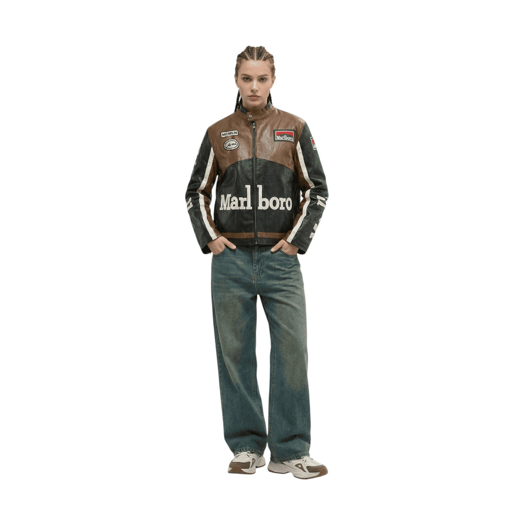 Marlboro Vintage Racing Leather Jacket - Brown & Black Edition