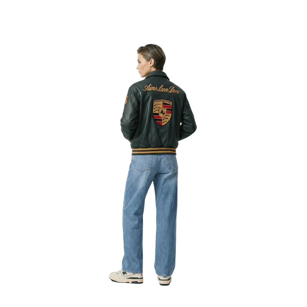 Porsche Vintage Leather Bomber Jacket - Green Edition