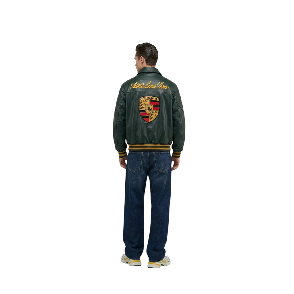 Porsche Vintage Leather Bomber Jacket - Green Edition