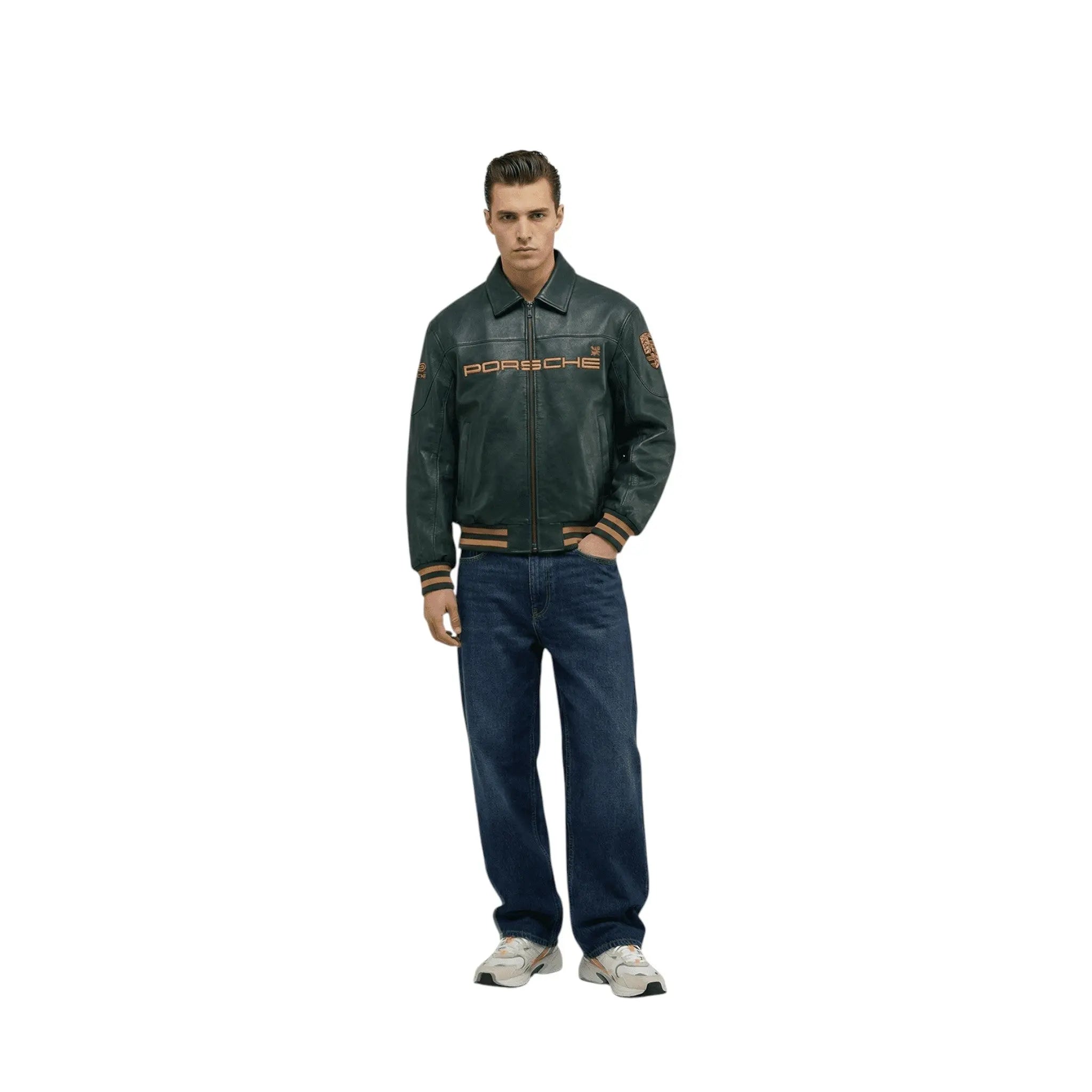 Porsche Vintage Leather Bomber Jacket - Green Edition