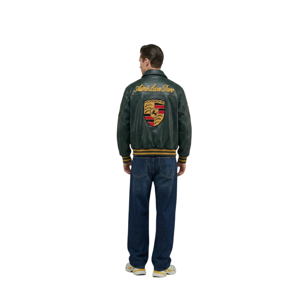 Porsche Vintage Leather Bomber Jacket - Green Edition