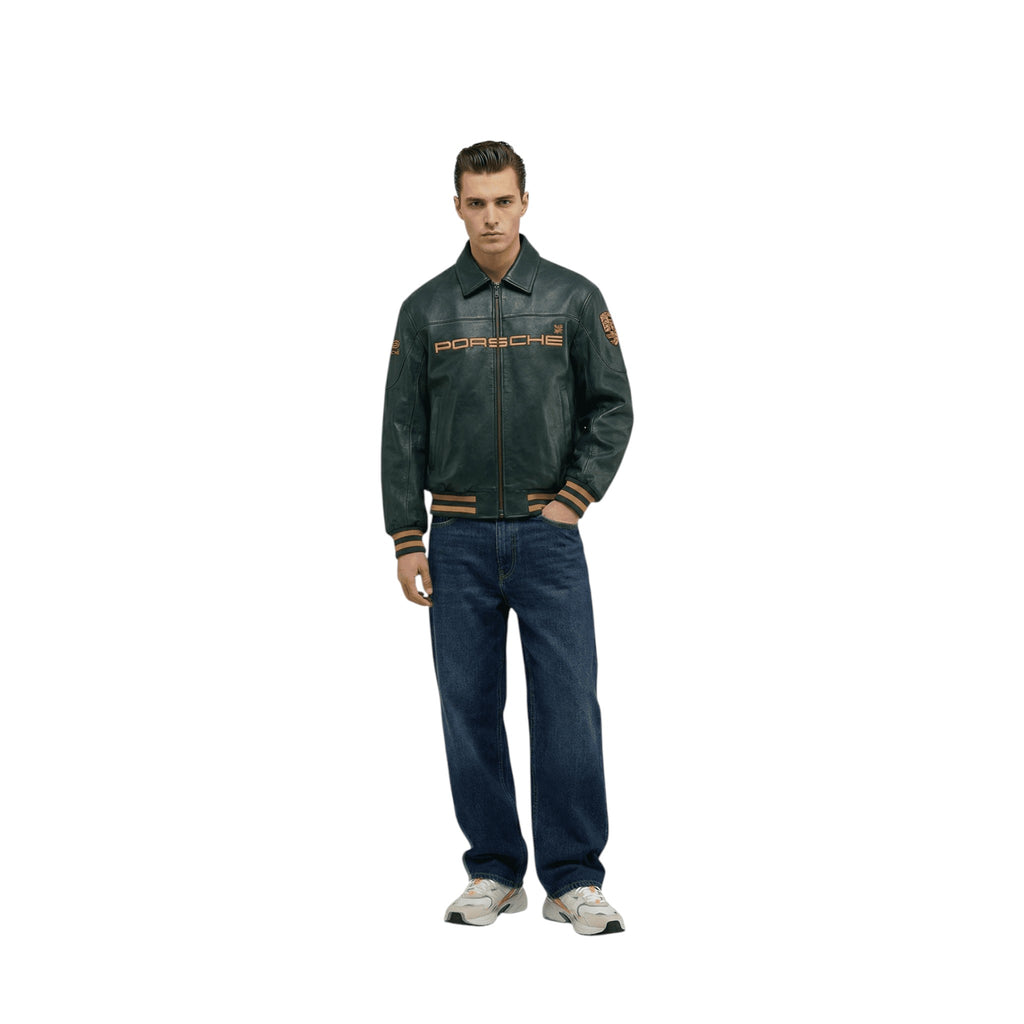 Porsche Vintage Leather Bomber Jacket - Green Edition
