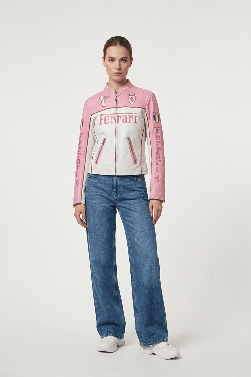Ferrari F1 Vintage Racing Leather Jacket - Pink & White Edition J4R
