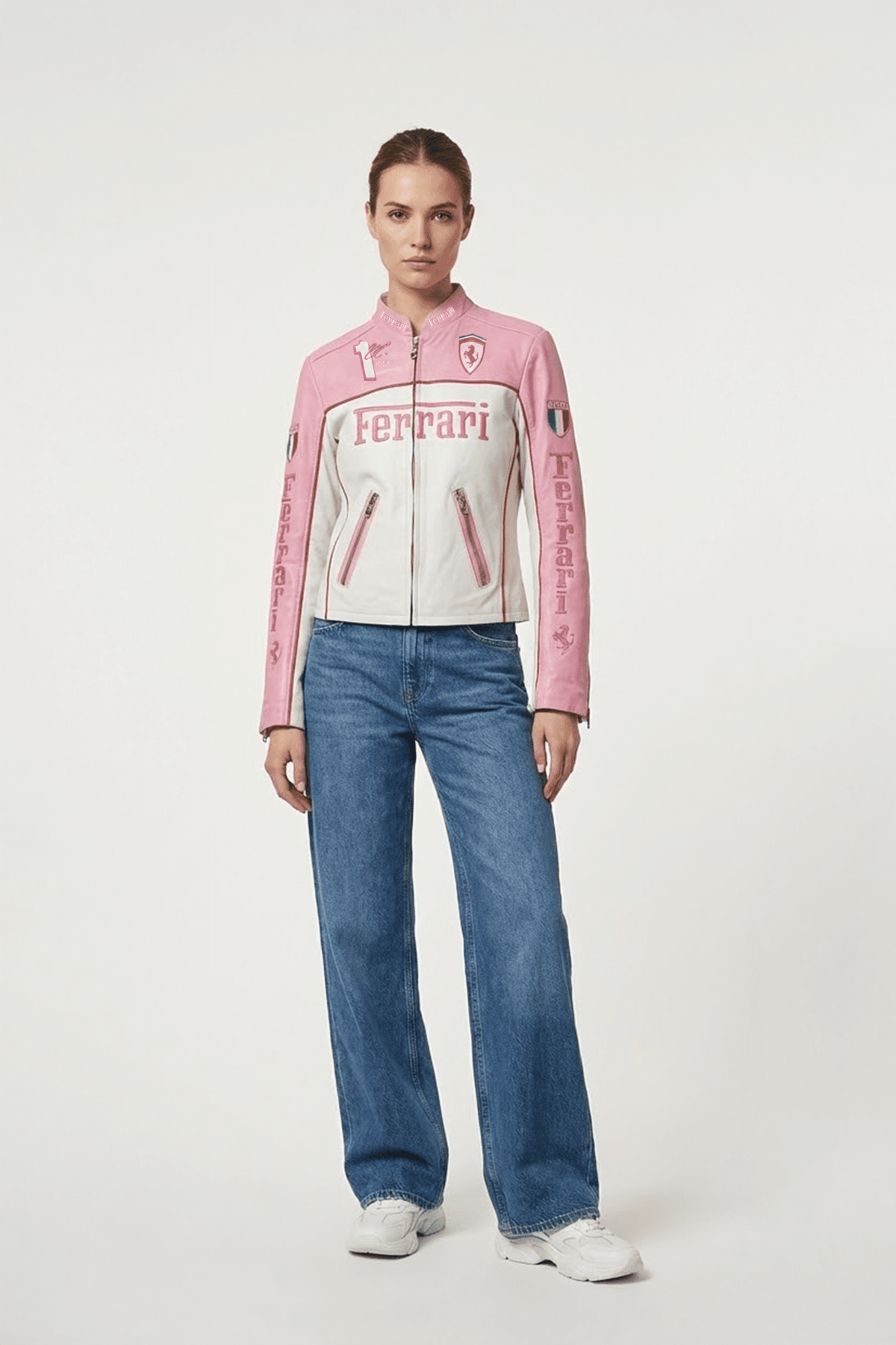 Ferrari F1 Vintage Racing Leather Jacket - Pink & White Edition J4R