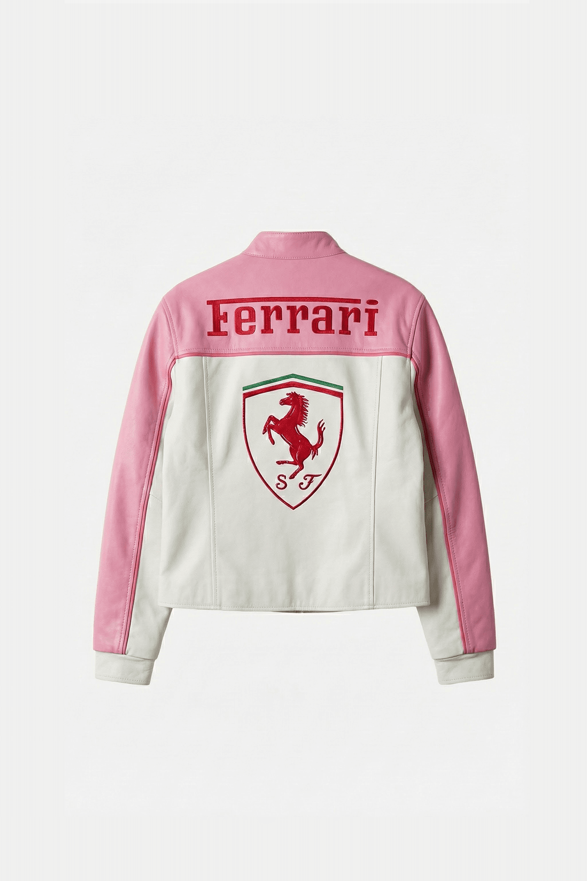 Ferrari F1 Vintage Racing Leather Jacket - Pink & White Edition J4R