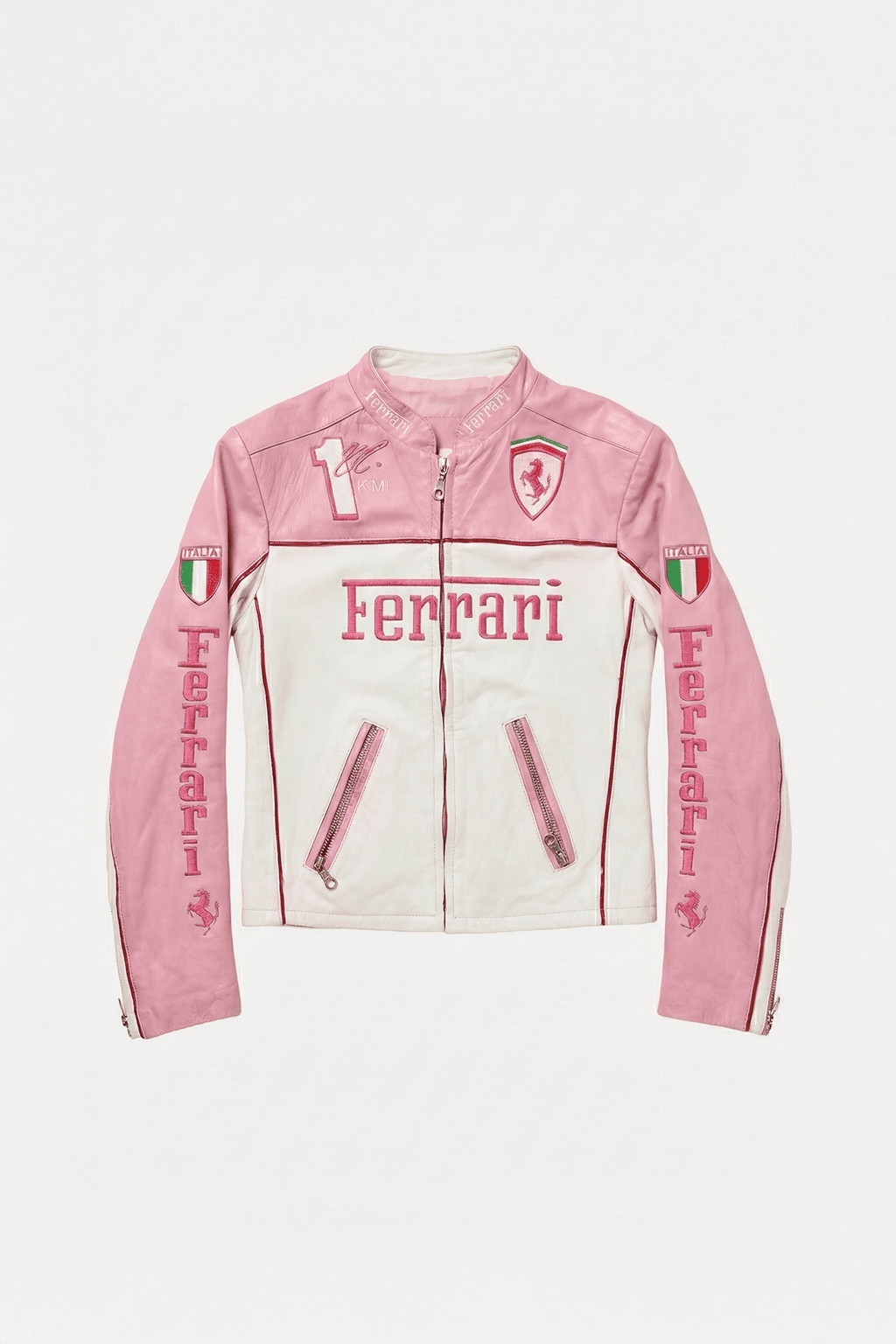 Ferrari F1 Vintage Racing Leather Jacket - Pink & White Edition J4R
