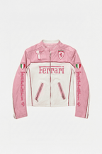 Ferrari F1 Vintage Racing Leather Jacket - Pink & White Edition J4R