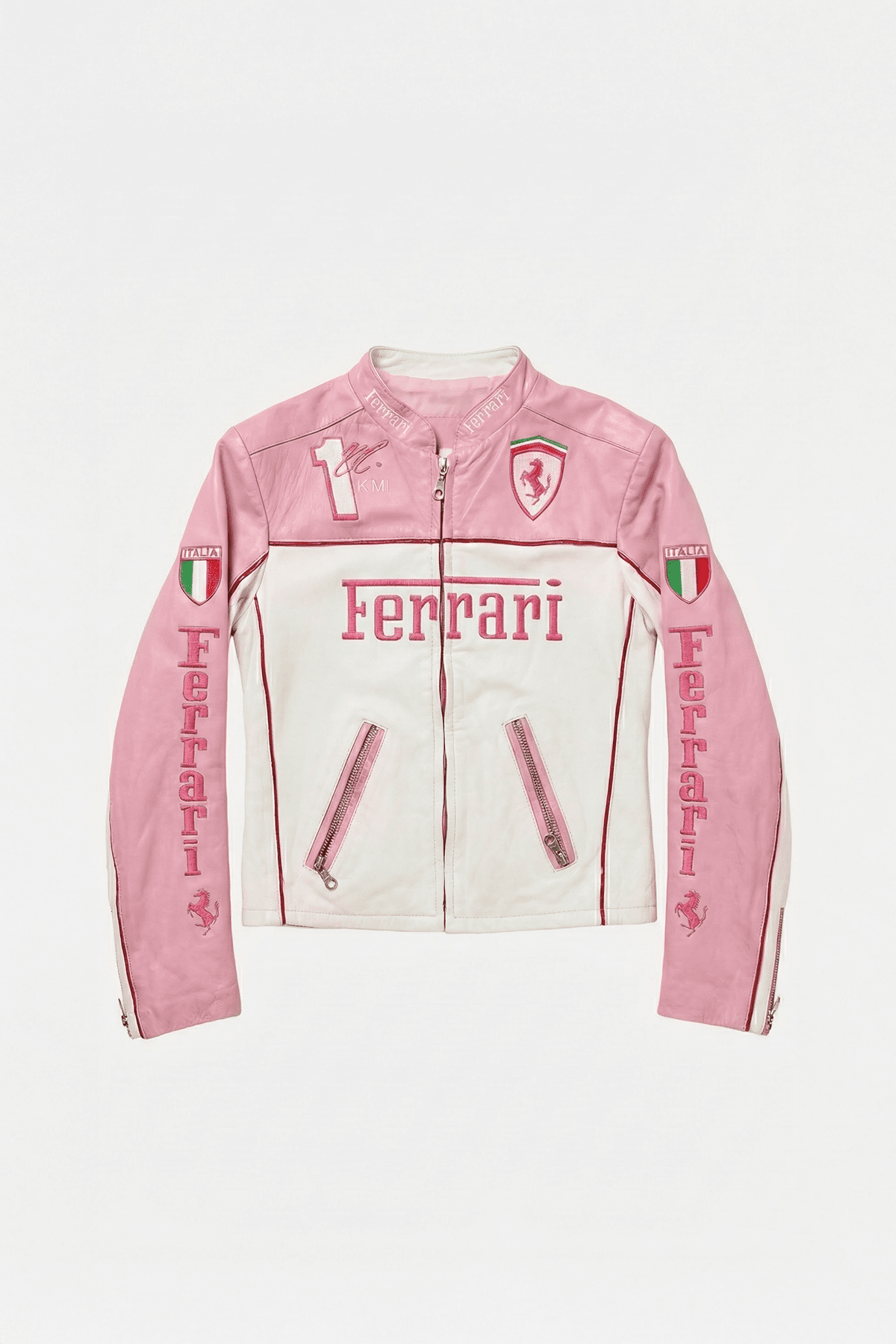 Ferrari F1 Vintage Racing Leather Jacket - Pink & White Edition J4R