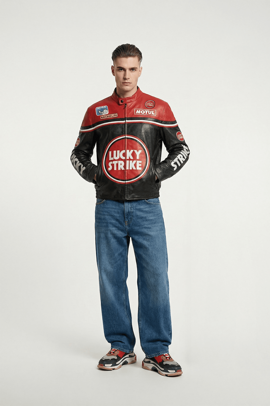 Lucky Strike Vintage Racing Leather Jacket - Red & Black Edition J4R