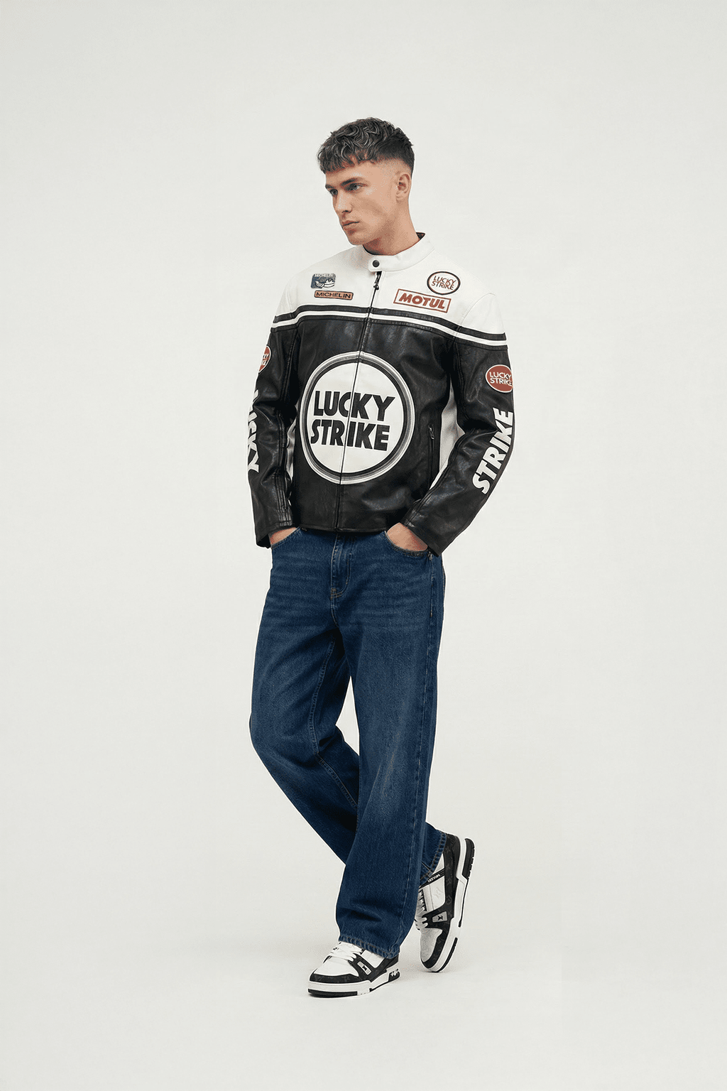 Lucky Strike Vintage Racing Leather Jacket - White & Black Edition J4R