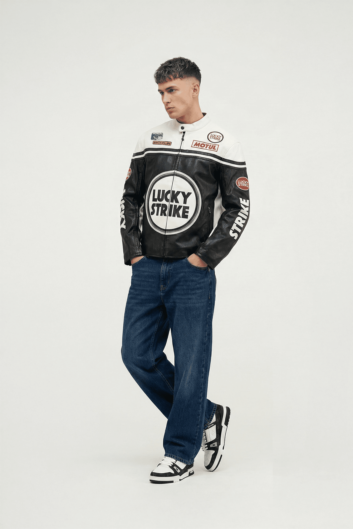Lucky Strike Vintage Racing Leather Jacket - White & Black Edition J4R