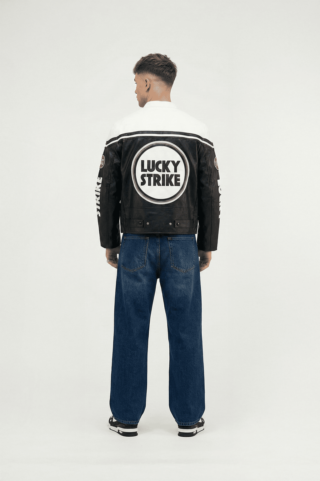 Lucky Strike Vintage Racing Leather Jacket - White & Black Edition J4R