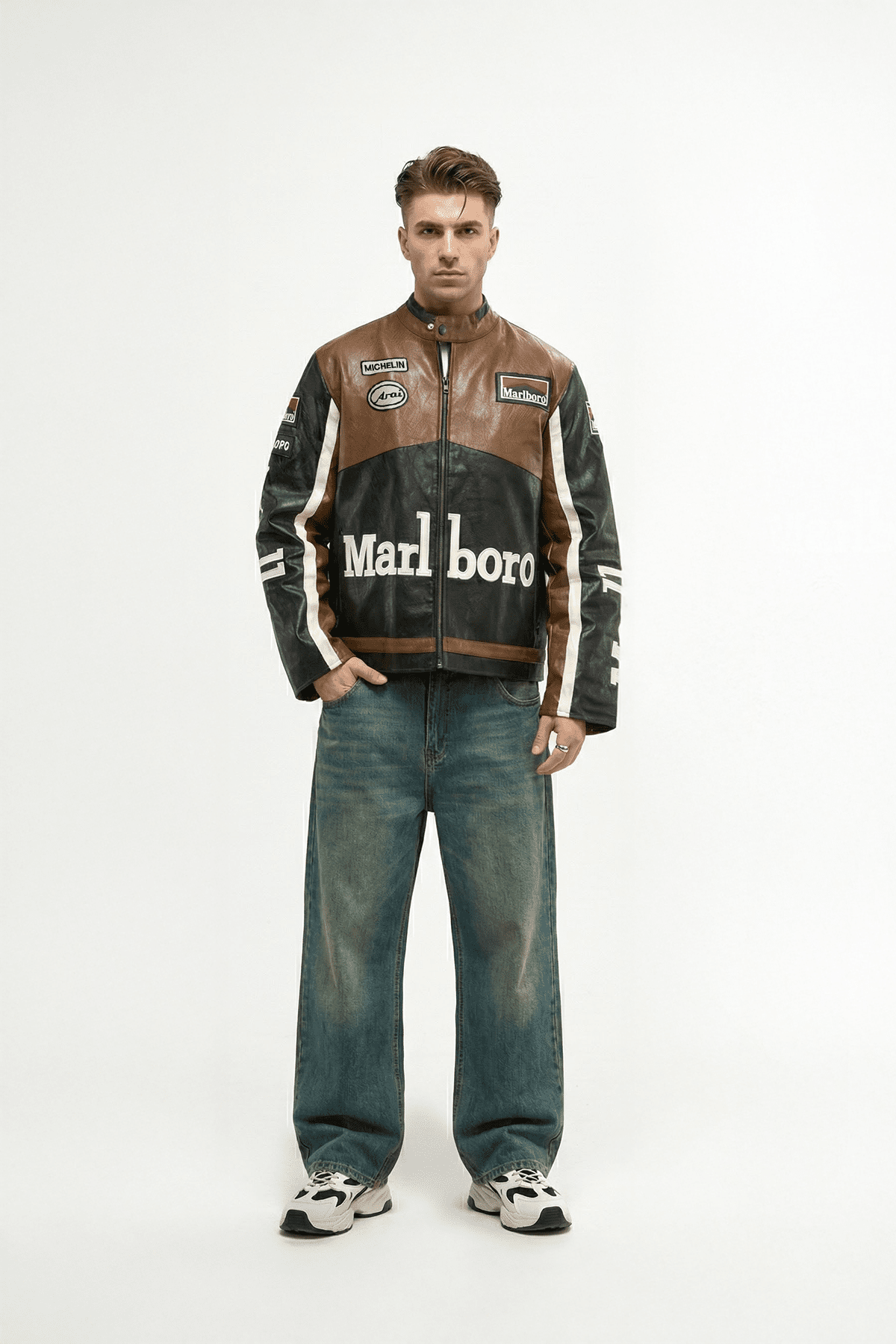 Marlboro Vintage Racing Leather Jacket - Brown & Black Edition J4R