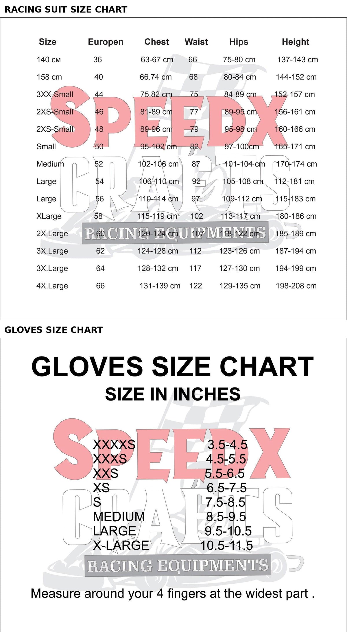 Size chart for racing suits and gloves by Speedx on a white background